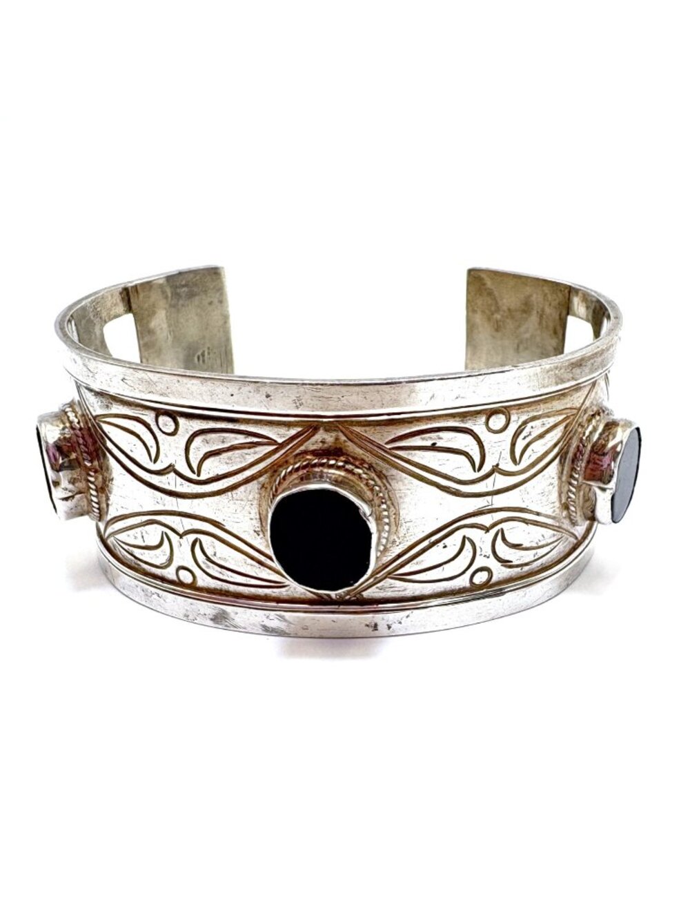 Black Onyx Wide Cuff Bracelet Heavy 925 Sterling Silver Scroll Leaf Design Lg